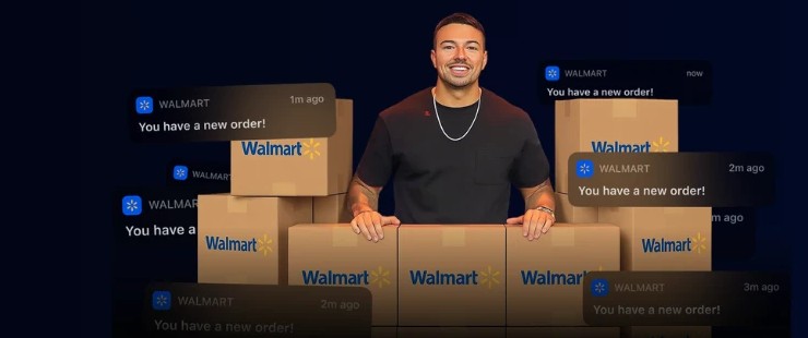 Will behind stacks of Walmart boxes, order notifications popping around him